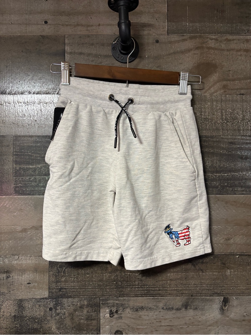 GOAT USA Heather Grey Drawstring Shorts with Flag Goat Patch 7” inseam XL youth